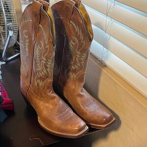 Nocona Tan Western Boots with Blue Embroidery